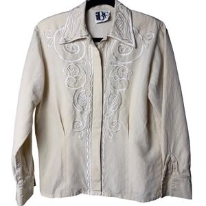iBE Vintage Silk Linen Embroidered Button Down Shirt Cream Ivory Soutache S 80s